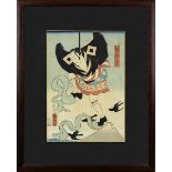 Japanischer Holzschnitt, wohl Utagawa Kunisada II (1823-1880), Schauspieler mit fliegenden Krähen,