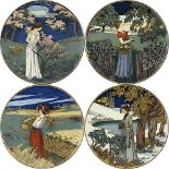 4 Villeroy & Boch Jugendstil-Wandteller 4 Jahreszeiten, Mettlach 1904-1912, Chromolith farbig
