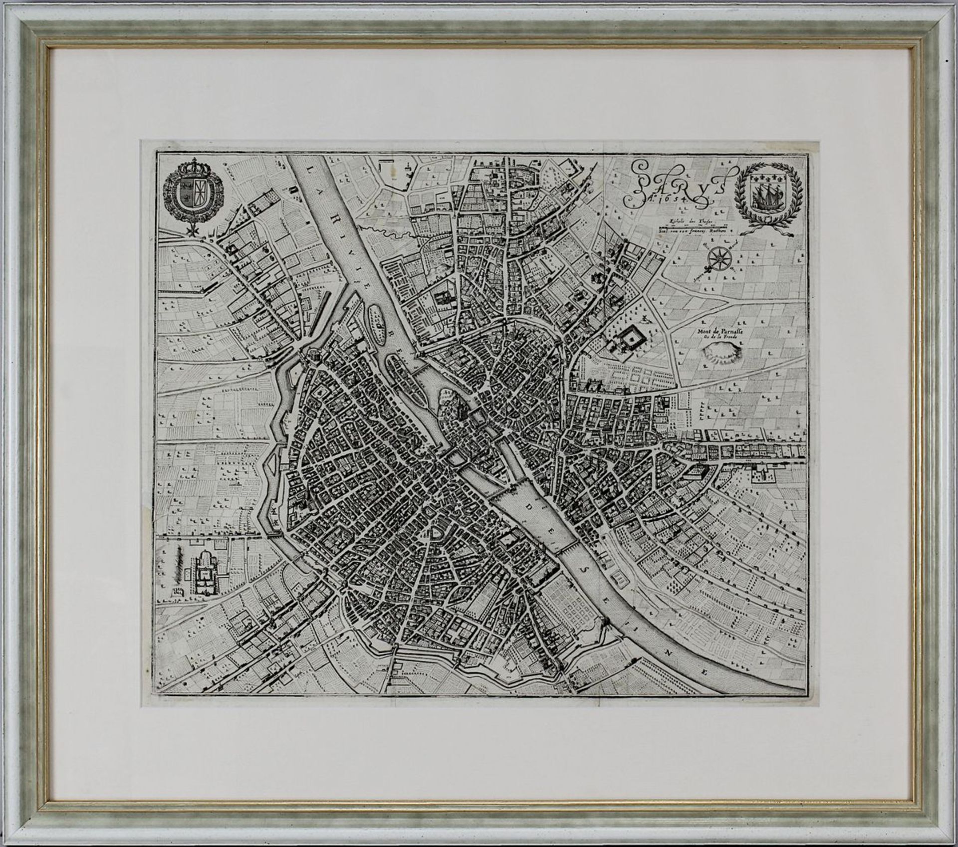 Drei Stiche mit Parisansichten, 17./ 18. Jh.: Paris aus der Vogelschau, Kupferstich von M. Merian ( - Bild 2 aus 4