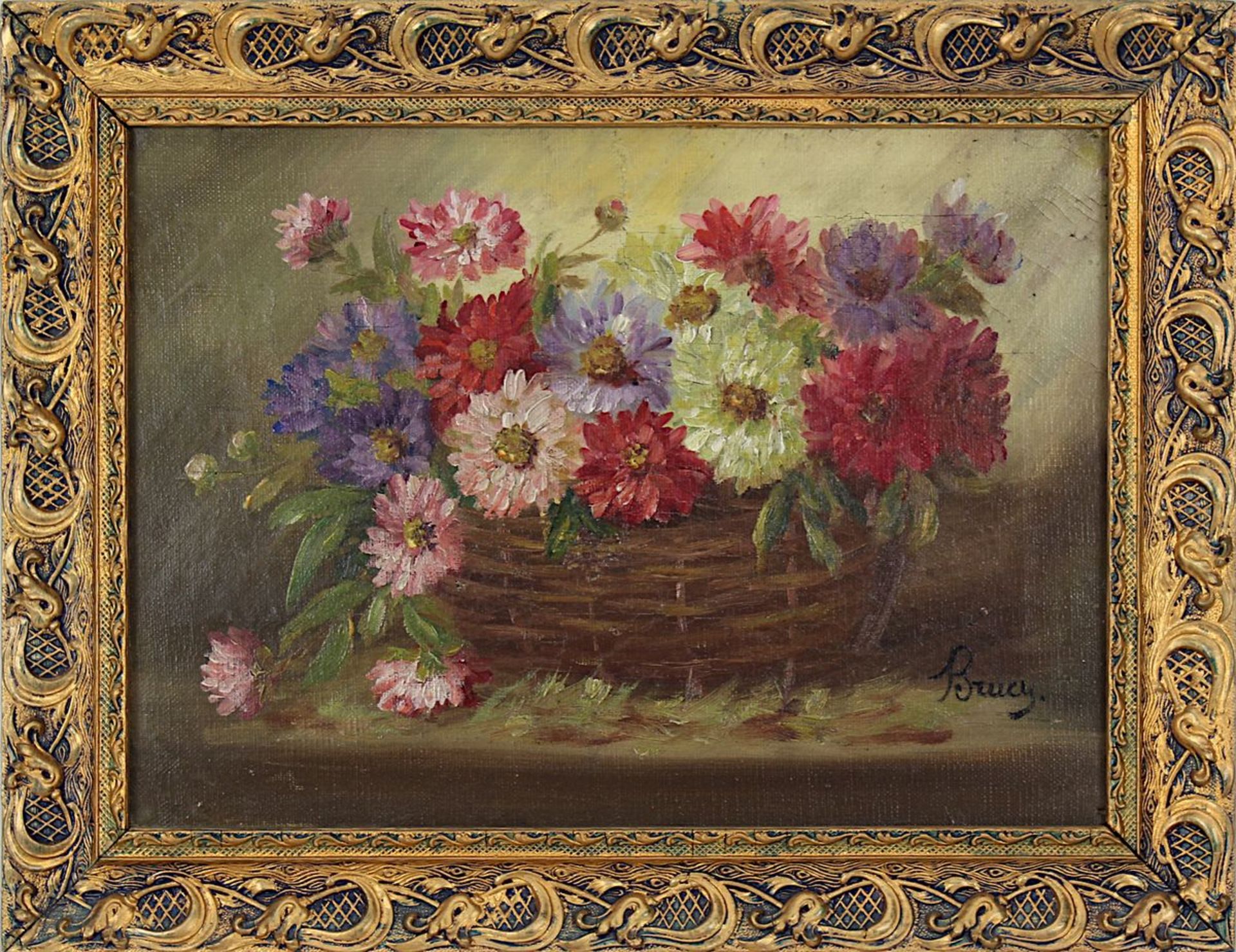 Brucy (französischer Stillebenmaler, 19.Jh.), Blumenkorb, Öl/Lwd., re. unt. signiert, 24 x 33 cm,