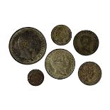 Sechs Münzen, Bayern, 19. Jh.: 6 Kreuzer Max Joseph 1820, 1 Gulden Ludwig I 1838, 1/2 Gulden