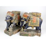 Paar Holzelefanten, Indien, 19. Jh., Teile eines Sockels, Holz geschnitzt und farbig gefasst,