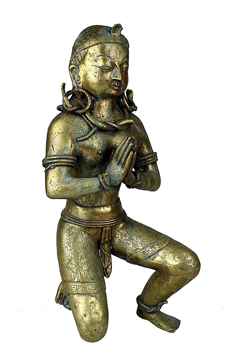 Buddha-Figur Südostasien, kniende, meditierende Buddha-Figur aus Bronze, um 1920, mit Schlangen