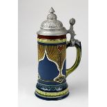 Villeroy & Boch Jugendstil-Bierkrug, Chromolith mit polychromem geritztem Dekor von Ähren,