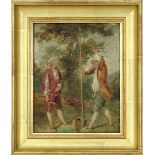 Französischer Genremaler (18./19.Jh.), Zwei Bogenschützen in Landschaft, Öl/Lwd, Lwd. beschädigt,