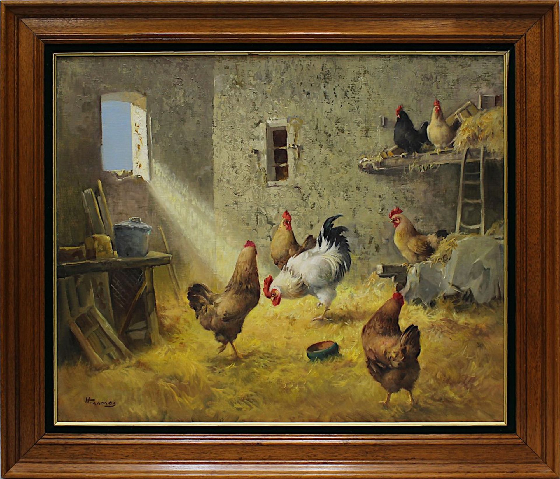 Camos, Honoré (1906-1991, französischer Tiermaler), Hühnerstall, Öl/Lwd., li. unt. sign., 60 x 73