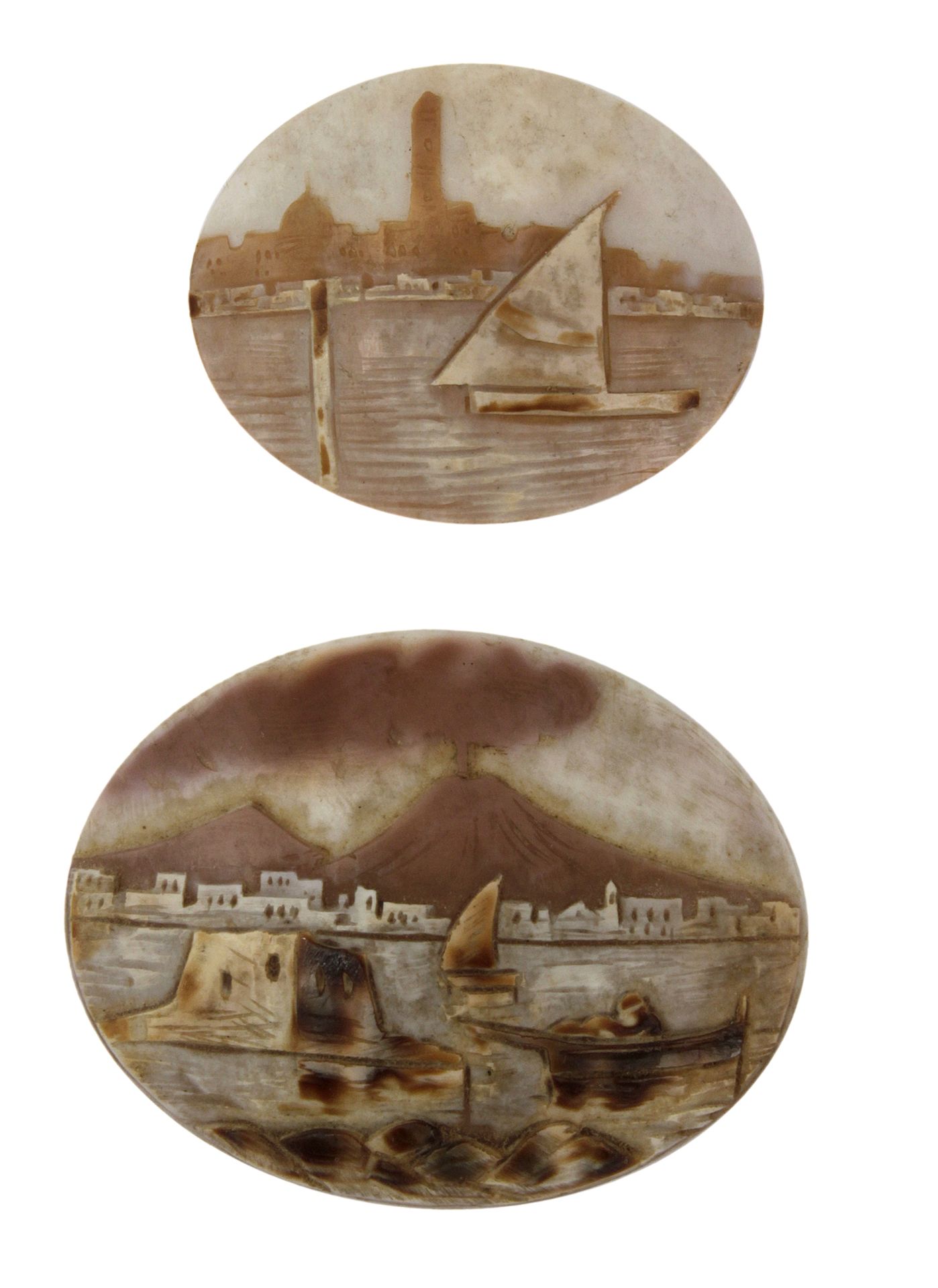 A pair of 19th century carved shell cameos depicting Venetia and the Vesubio