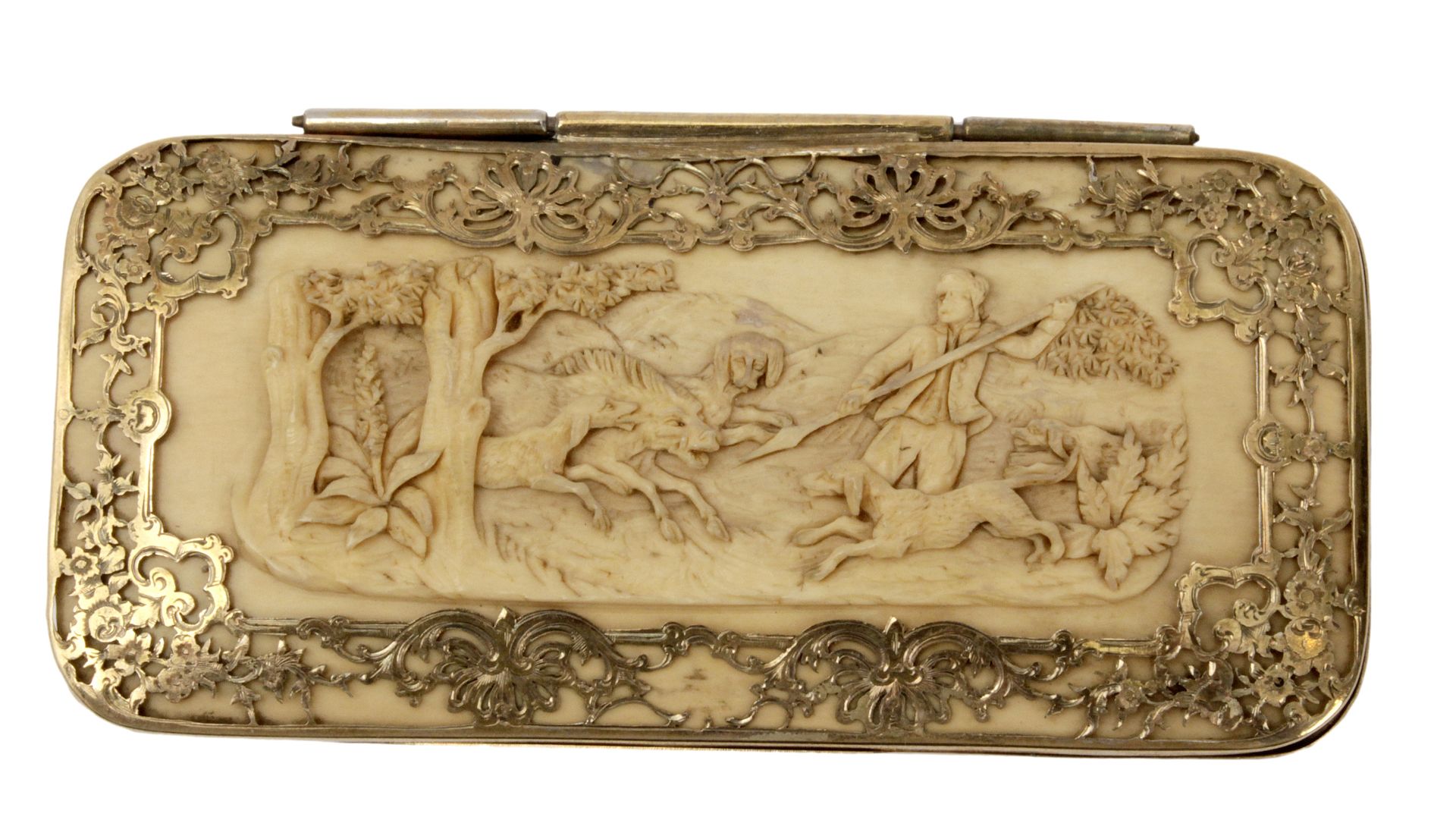 A 19th century English card holder in carved ivory and gold