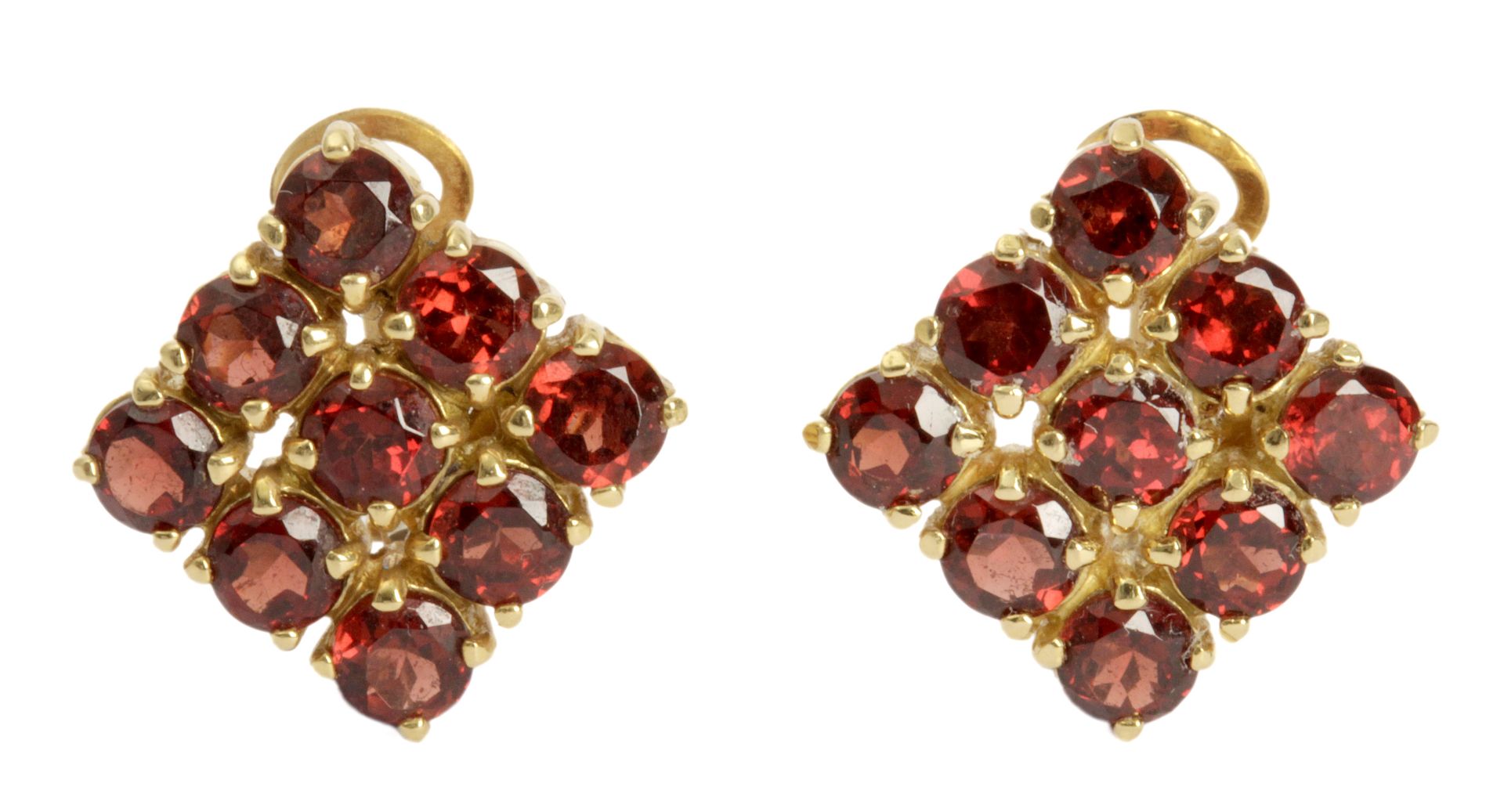 A pair of square rings. 18ct. yellow gold and garnets