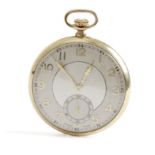 First half of 20 th. century gold plated open face pocket watch