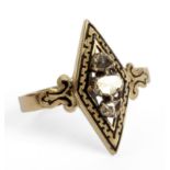 A 19th century Victorian navette shaped ring. 18 ct. yellow gold, black enamel and rose cut diamond