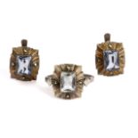 A set of Catalan silver earrings and ring circa 1940 with marcasites and imitation aquamarines