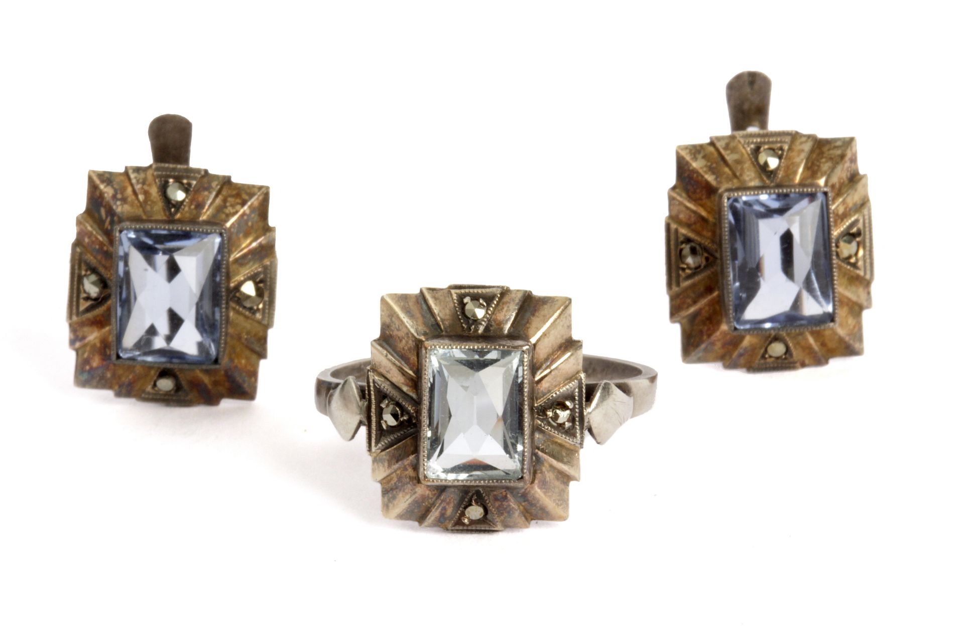 A set of Catalan silver earrings and ring circa 1940 with marcasites and imitation aquamarines