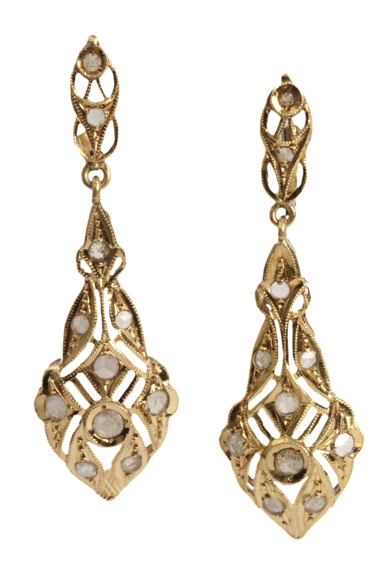 A pair of long earrings circa 1900. 18 ct. yellow gold and rose cut diamonds. With their original c
