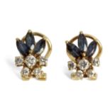 A marquise cut sapphires and brilliant cut diamonds earrings with an 18 ct. yellow gold setting