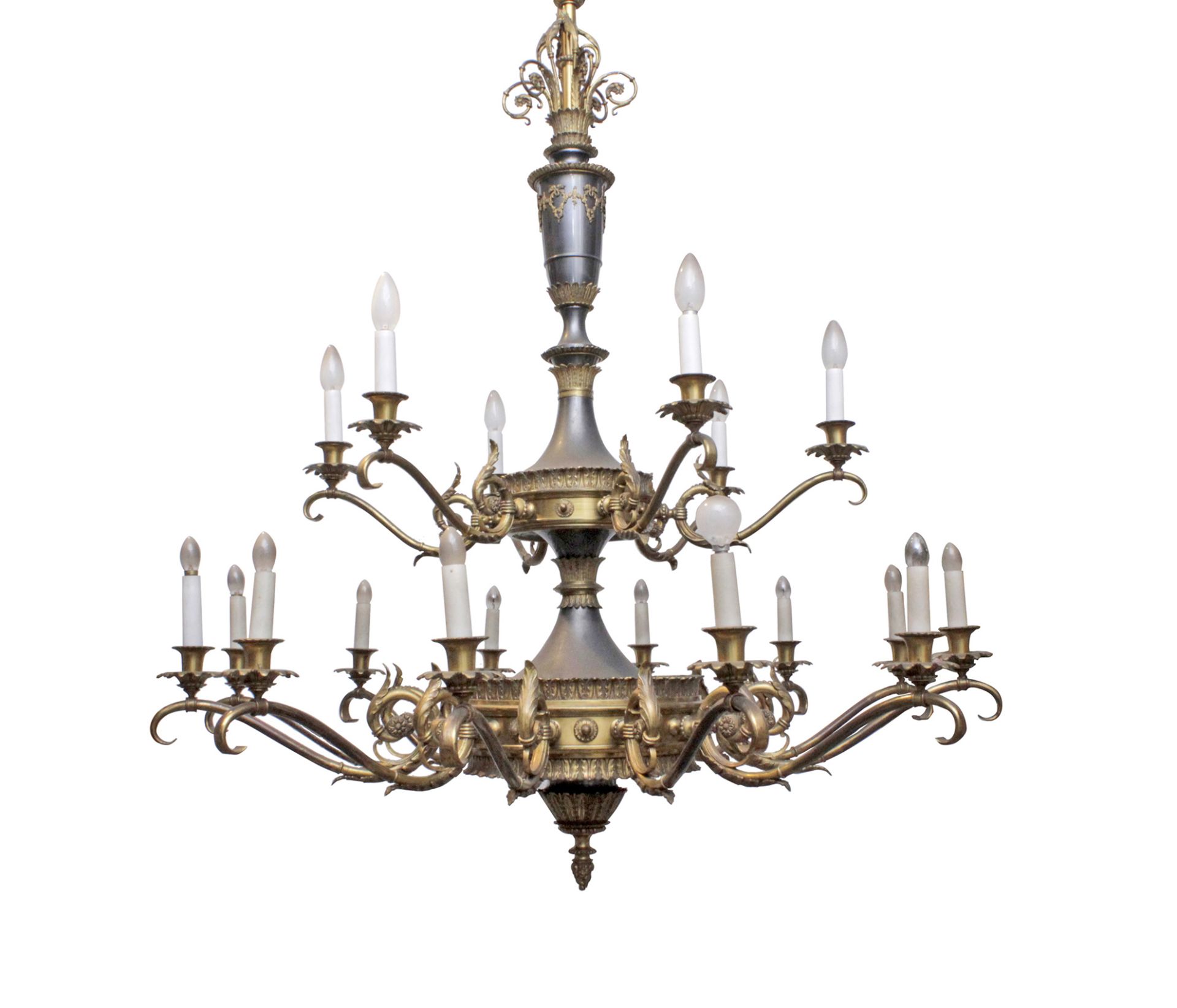 20th century Empire style twelve light bronze chandelier