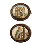 A pair of 19th century Victorian 9 ct. yellow gold micromosaic brooches with "vedute di Roma"