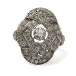 A Belle Époque style navette shaped ring. Platinum and 1,20 ct. of brilliant cut diamonds