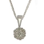 A brilliant cut diamonds cluster pendant in a white gold setting and a white gold chain