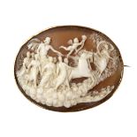 A 19th century cameo brooch depicting Aurora an Apollo's chariot with a yellow gold setting