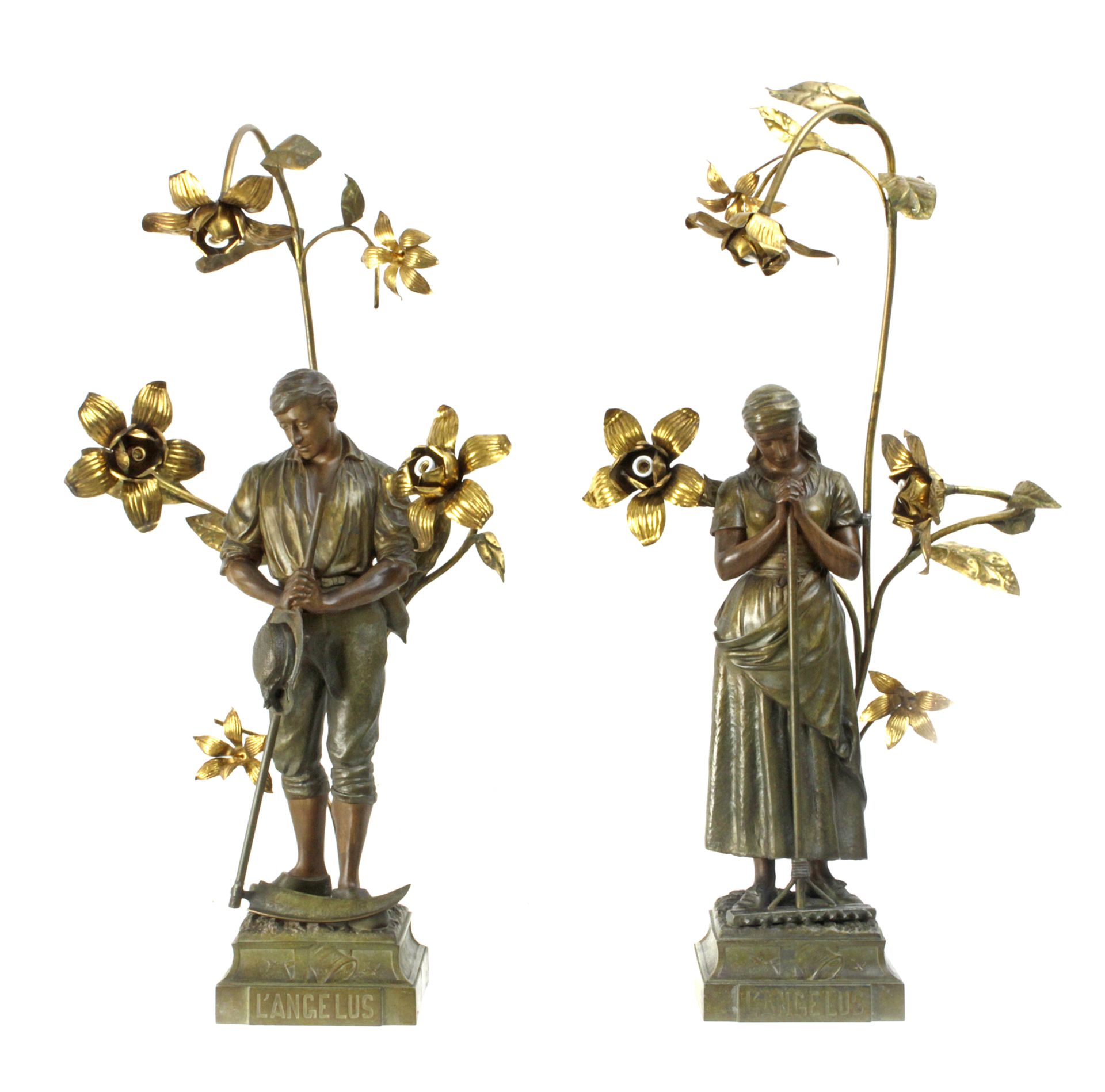 A pair of calamine table lamps depicting 'The Angelus by Jean-François Millet' circa 1900