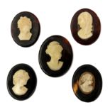 A collection of six Victorian cameos in carved shell and tortoiseshell, England, 19th century