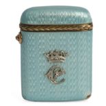 Fabergé. Vesta case, Moscow, circa 1899-1908. A rectangular silver-gilt vesta case with a pale blue