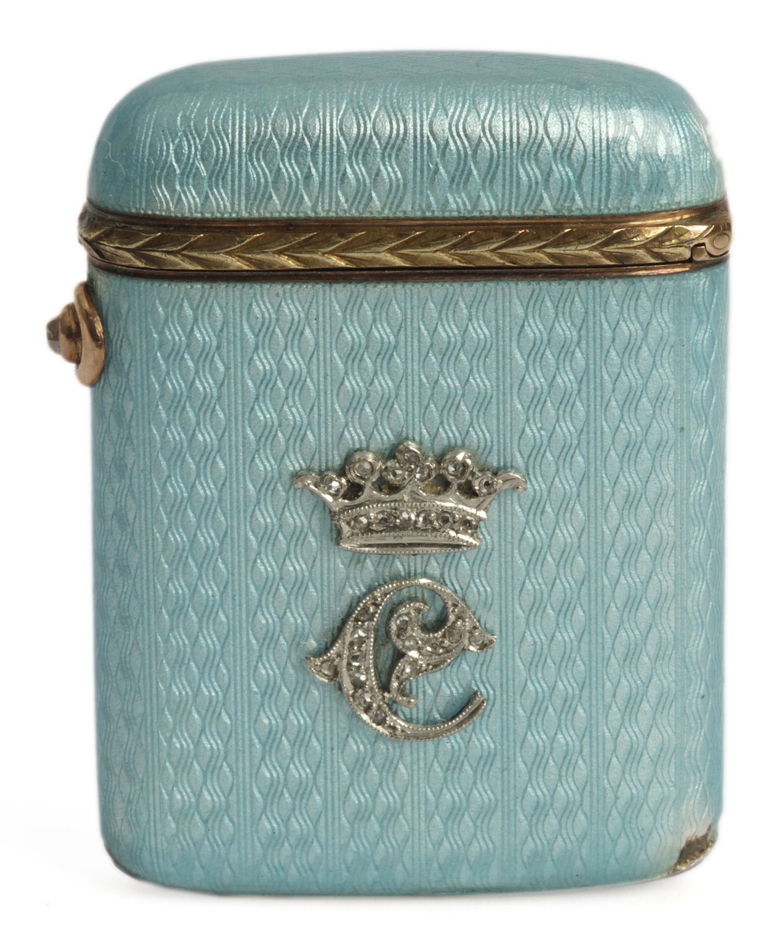 Fabergé. Vesta case, Moscow, circa 1899-1908. A rectangular silver-gilt vesta case with a pale blue