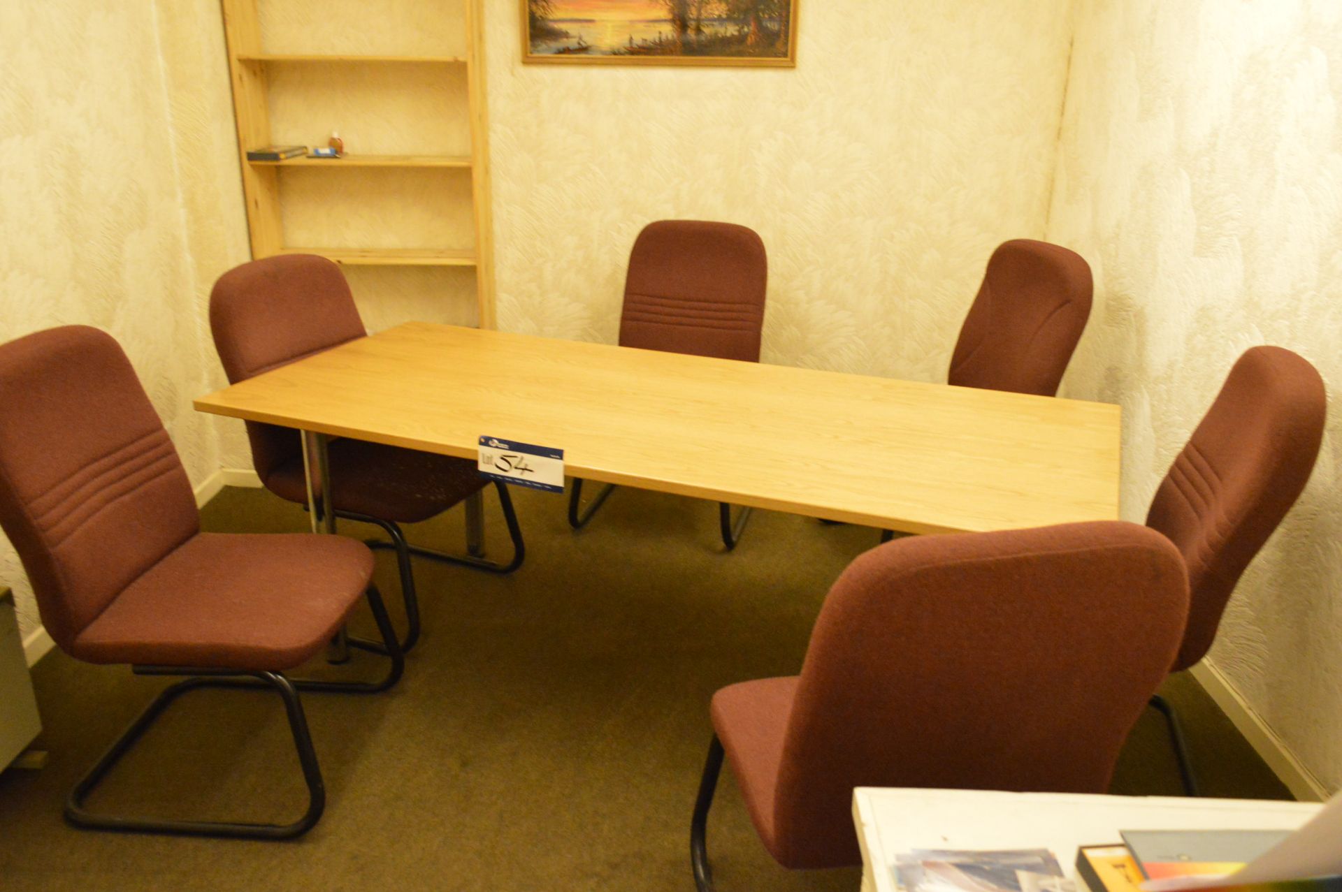 Meeting Table, approx. 2.13m x 920mm, with six brown fabric upholstered steel cantilever framed