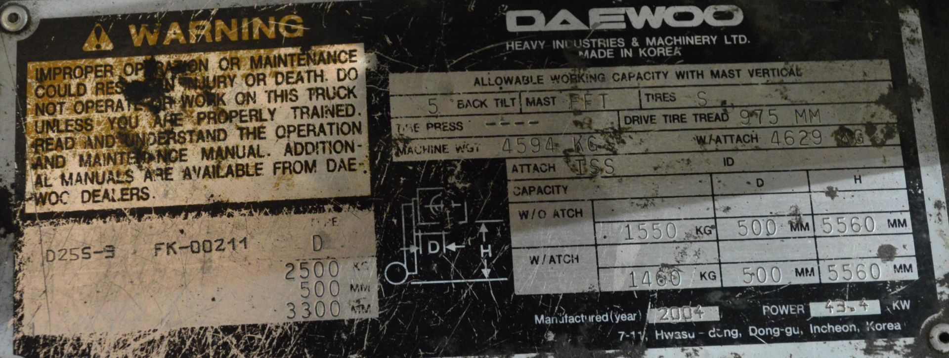 Daewoo D25S-3 2500kg cap. DIESEL ENGINE FORK LIFT TRUCK, serial no. FK-00211, indicated hours at - Bild 6 aus 8