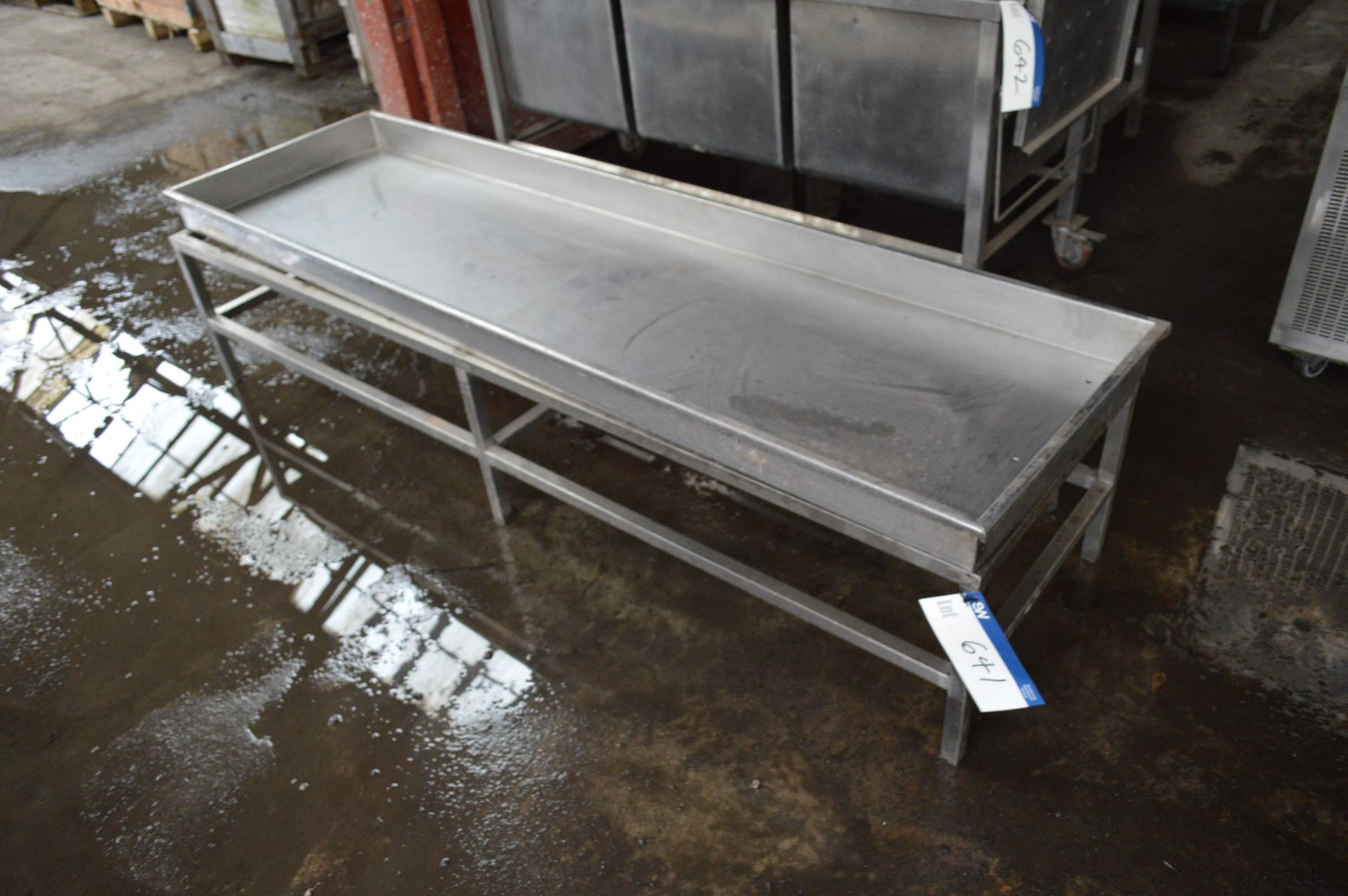 Stainless Steel Tray, approx. 2.2m x 630mm, with stainless steel stand