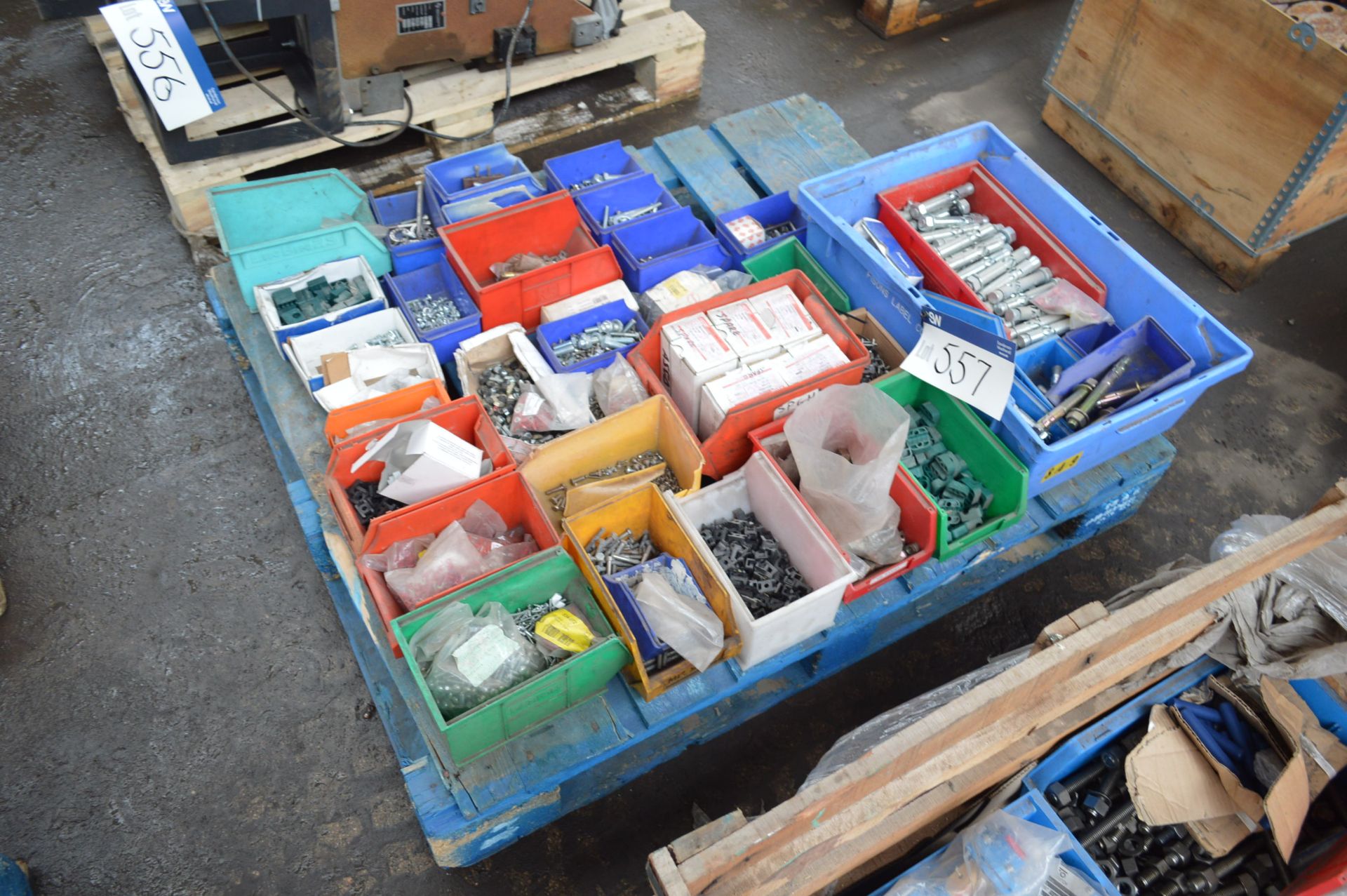Assorted Fasteners, in plastic boxes on pallet