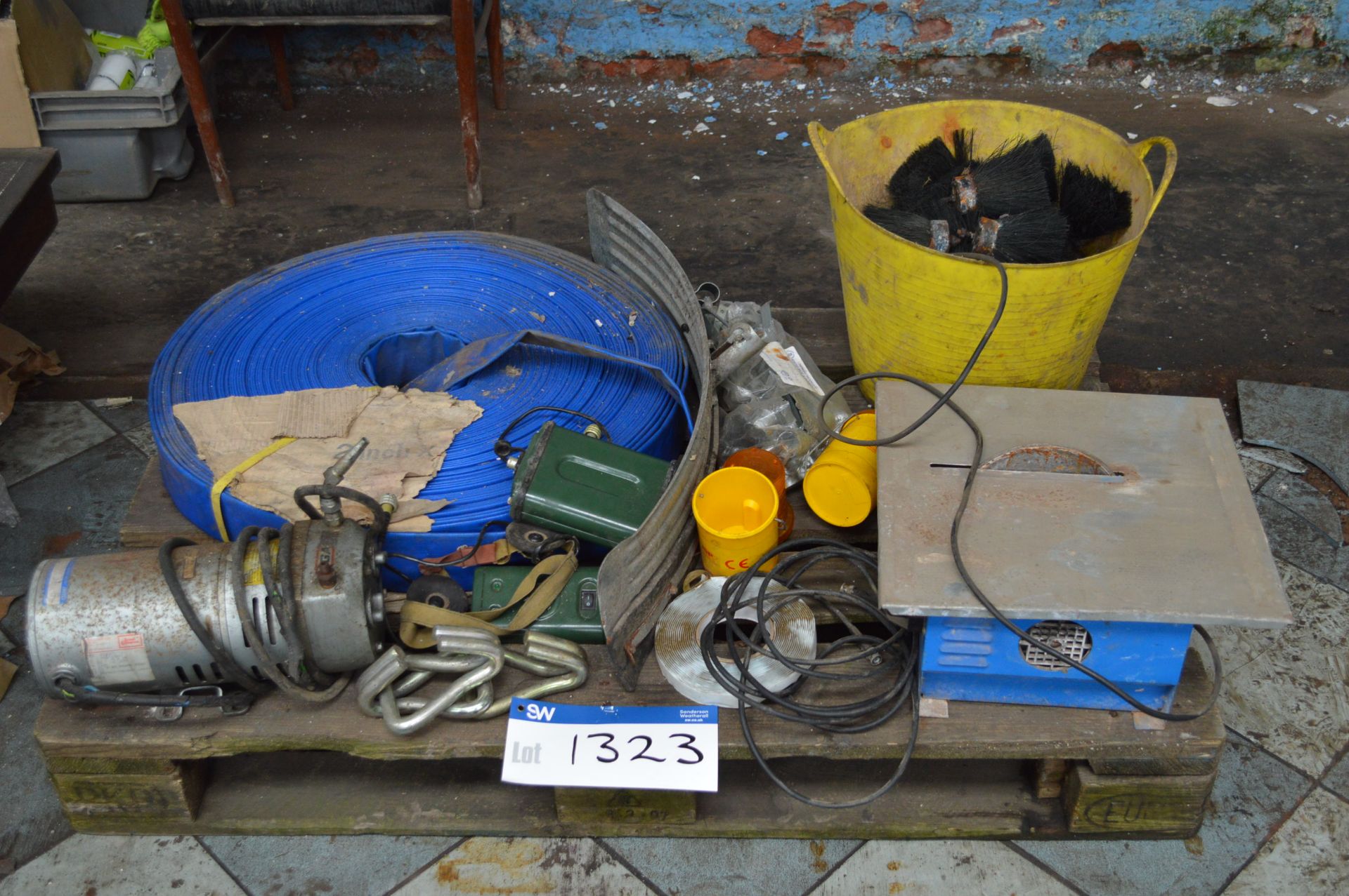 Assorted Equipment, on pallet, including brushes, portable saw, fire hose and lights
