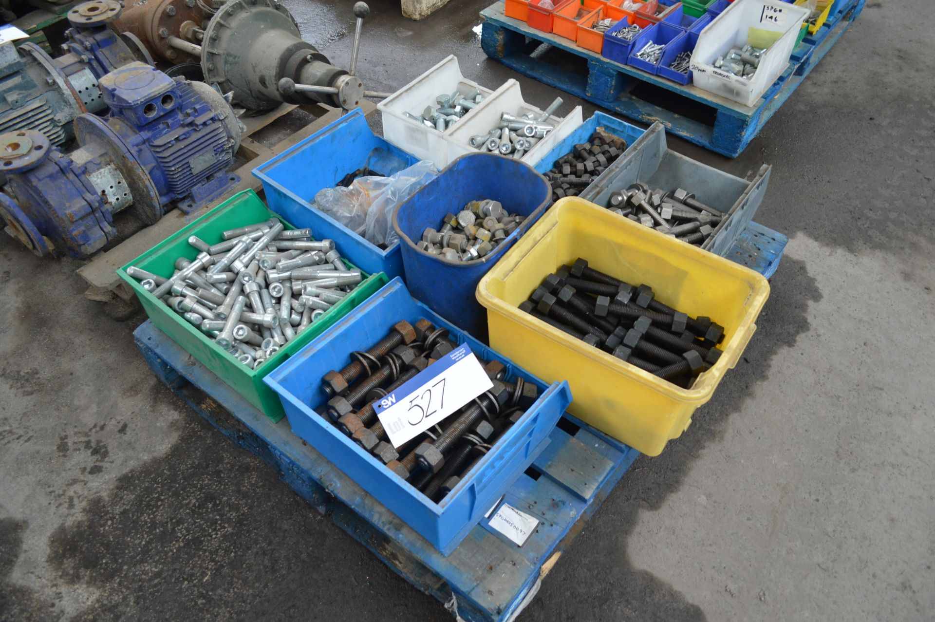 Assorted Fastenings, in plastic boxes on pallet