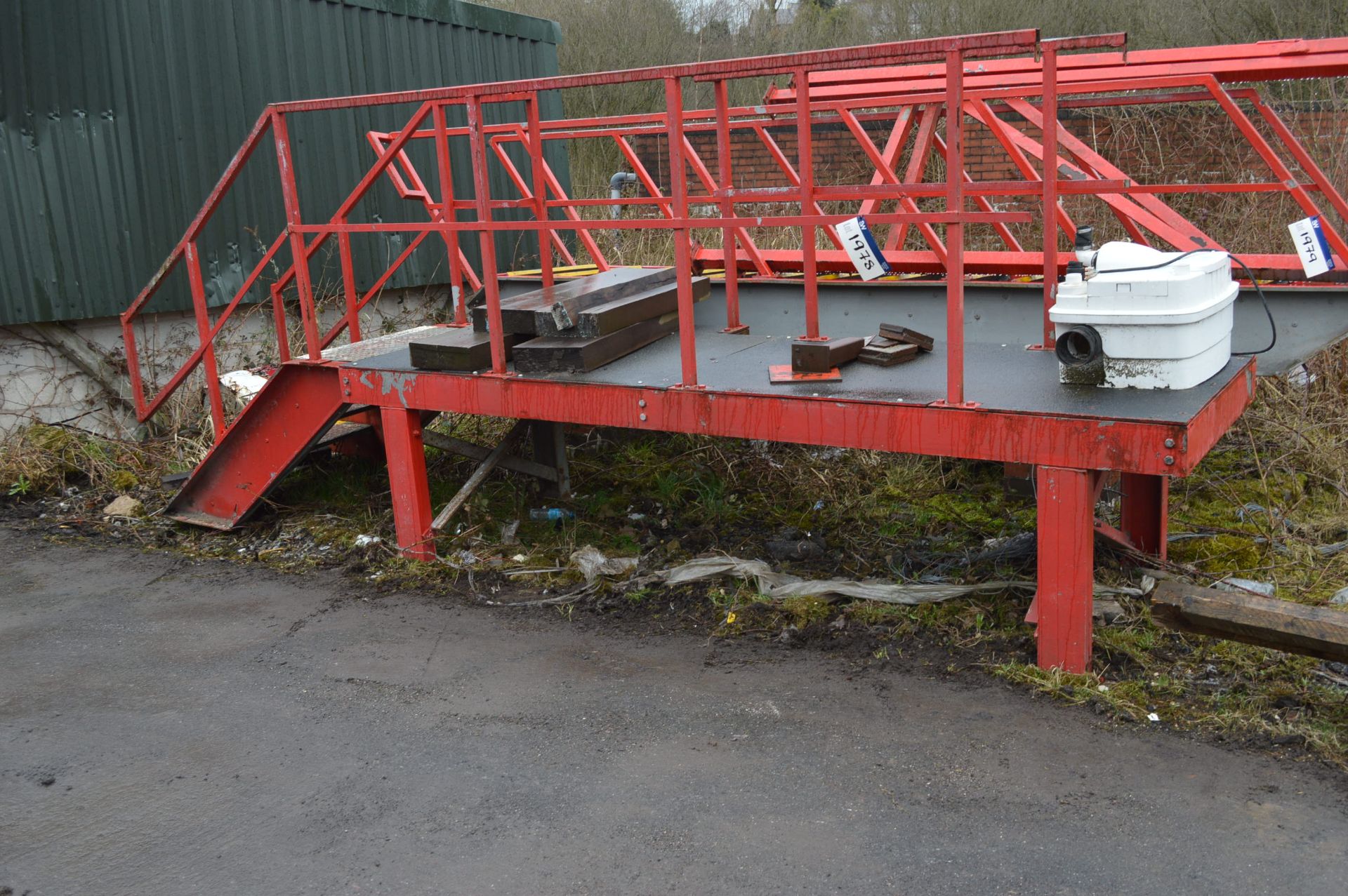 Steel Framed Platform, with access staircase, platform approx. 1m x 3.405m long x 840mm high