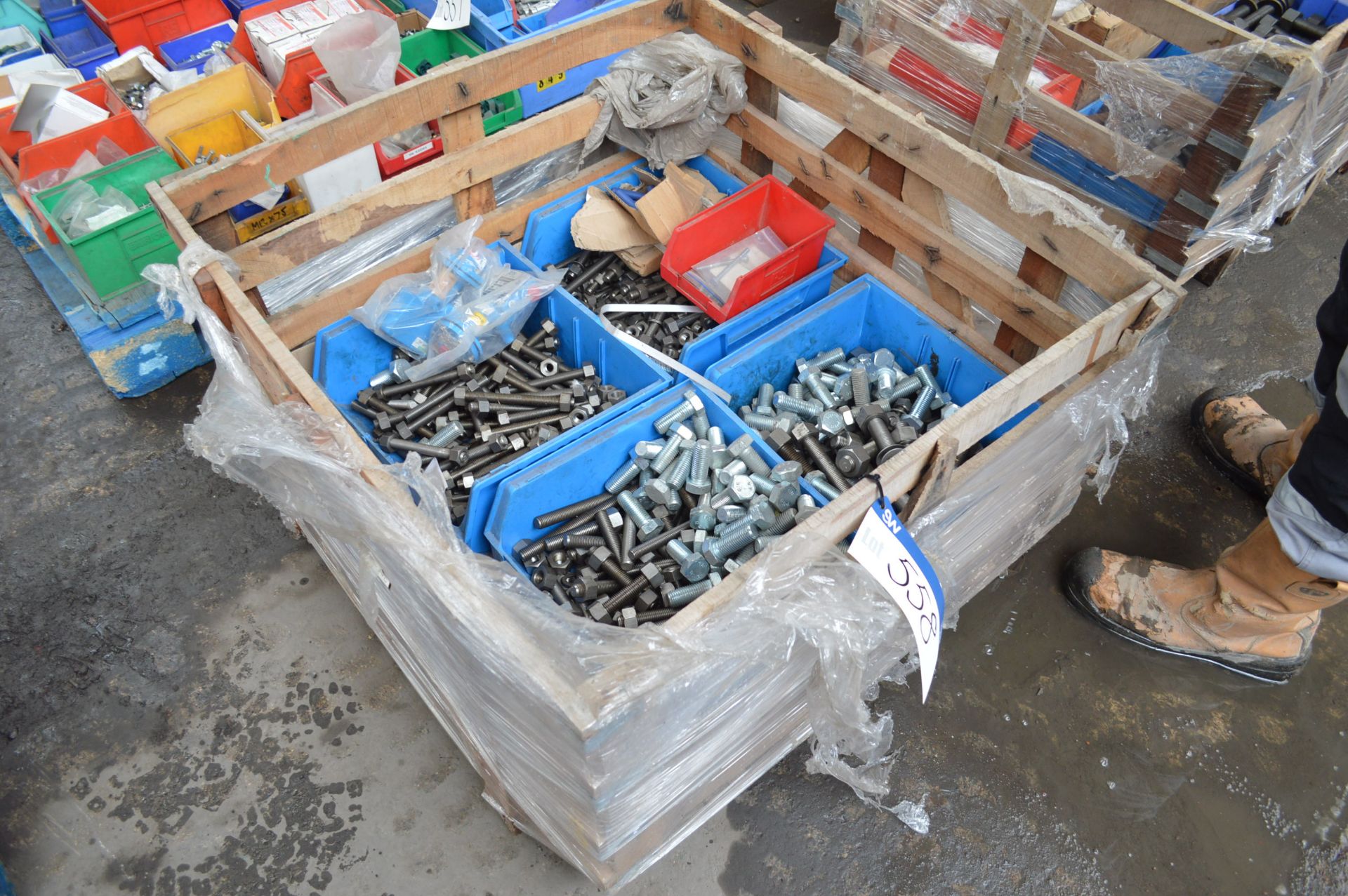 Assorted Fasteners, in plastic boxes in timber crate