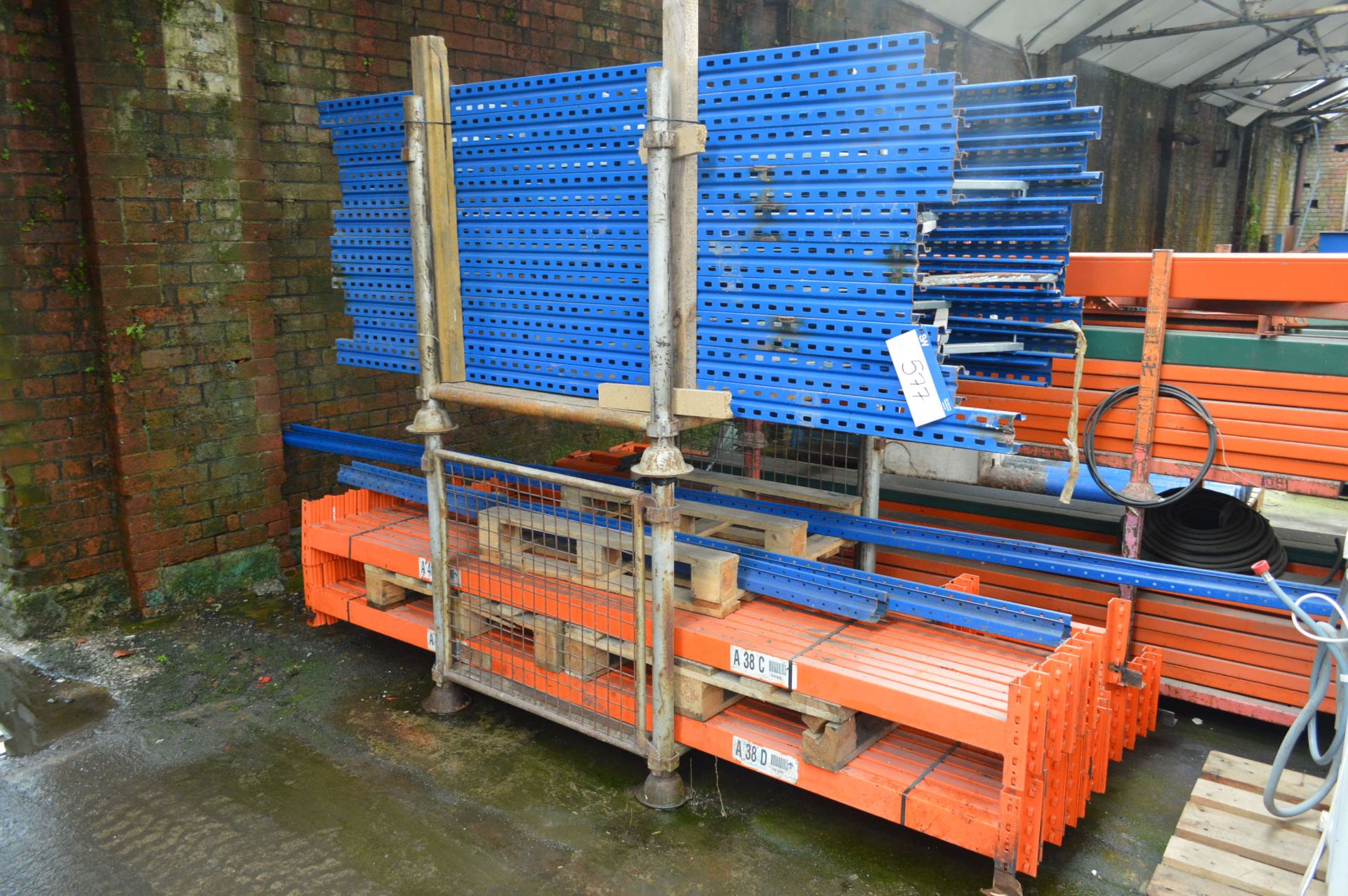 Ten Pallet Racking Uprights, each approx. 1m x 2.3m, with approx. 35 cross beams, mainly 2.7m