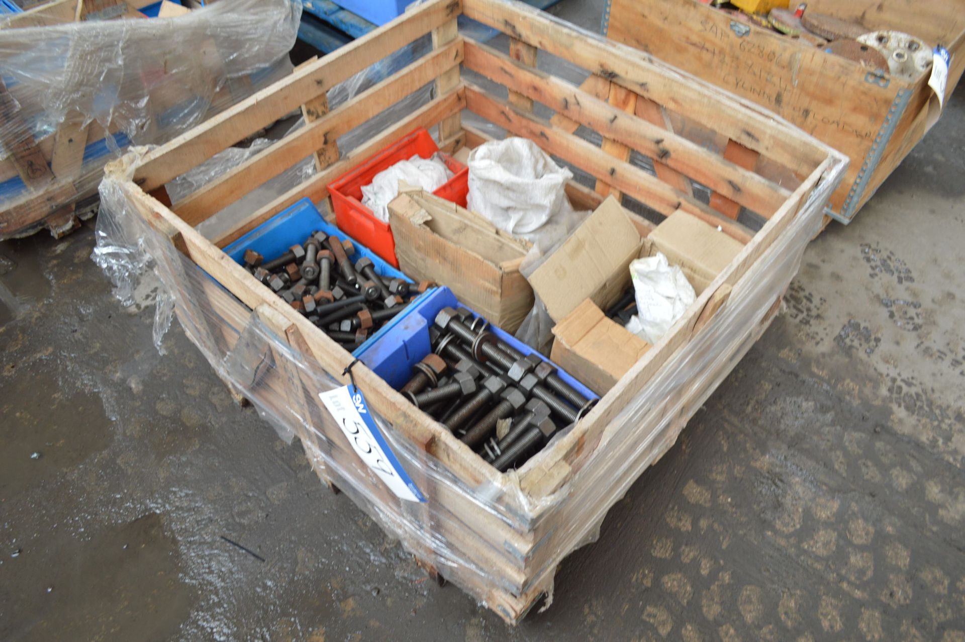 Assorted Fasteners, in plastic boxes in timber crate