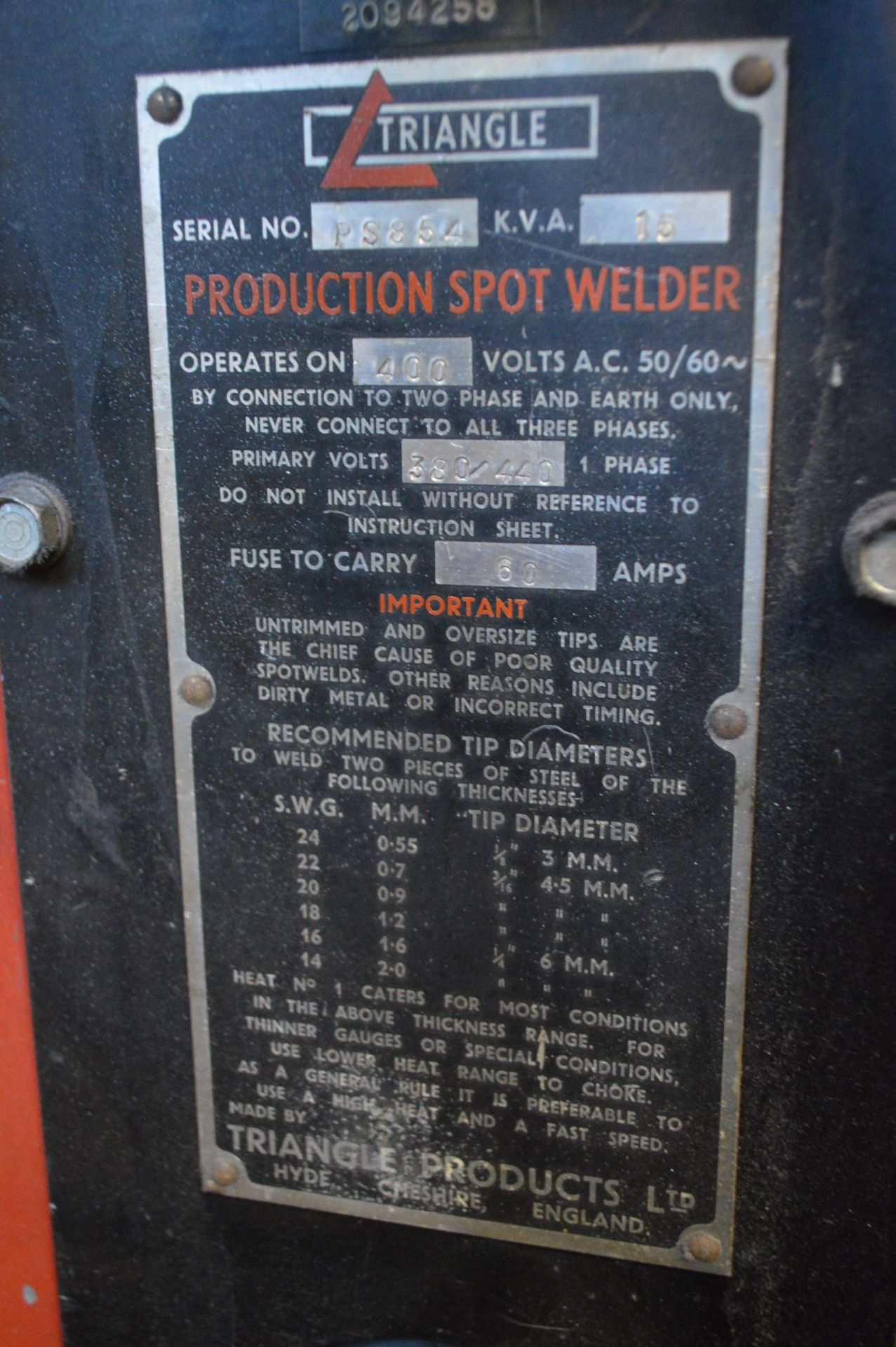 Triangle 15KWN PS852 Spot Welder, serial no. PS854 - Image 4 of 5