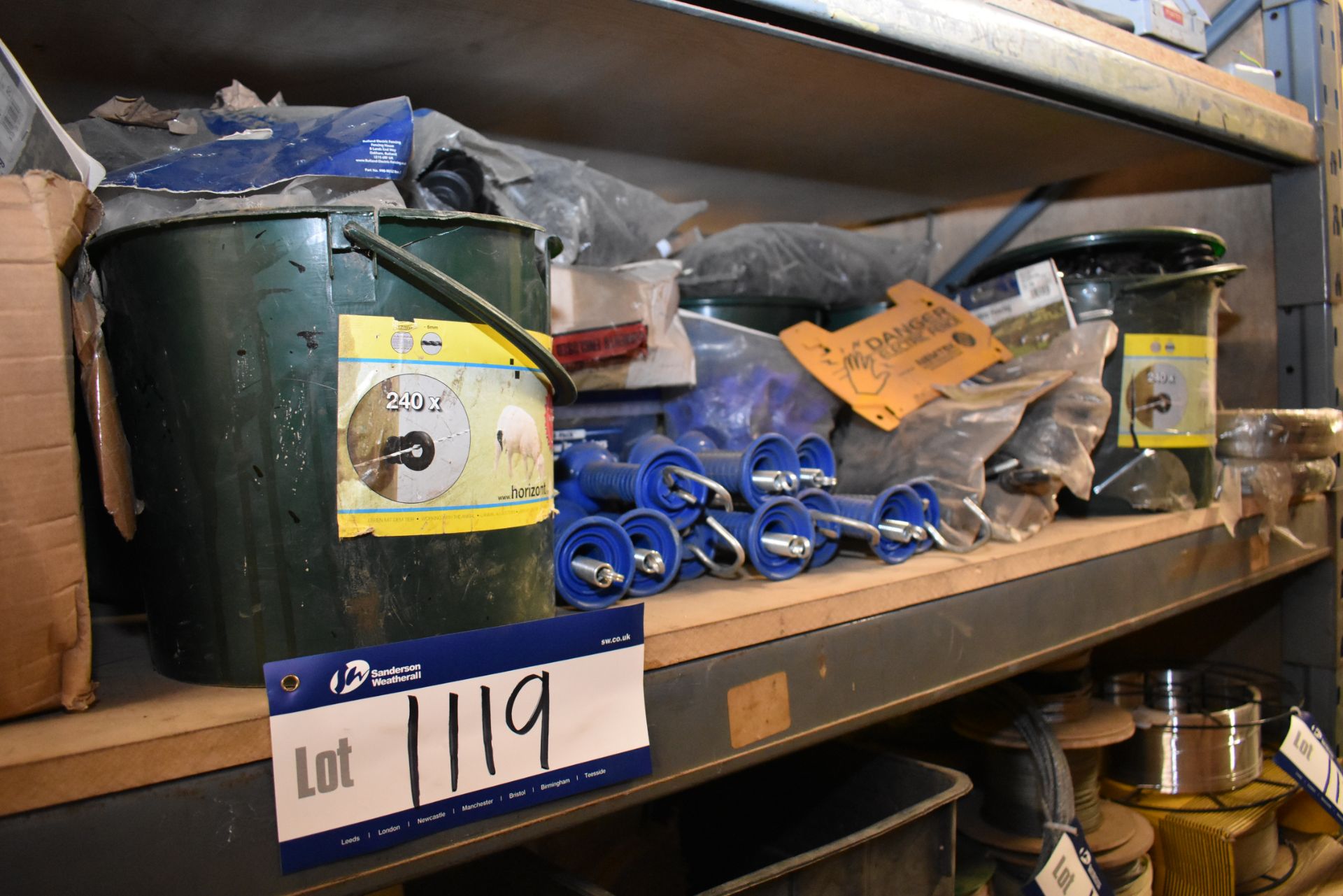 Quantity of Electric Fencing Components and Accessories as set out on shelf including Cable, Clips