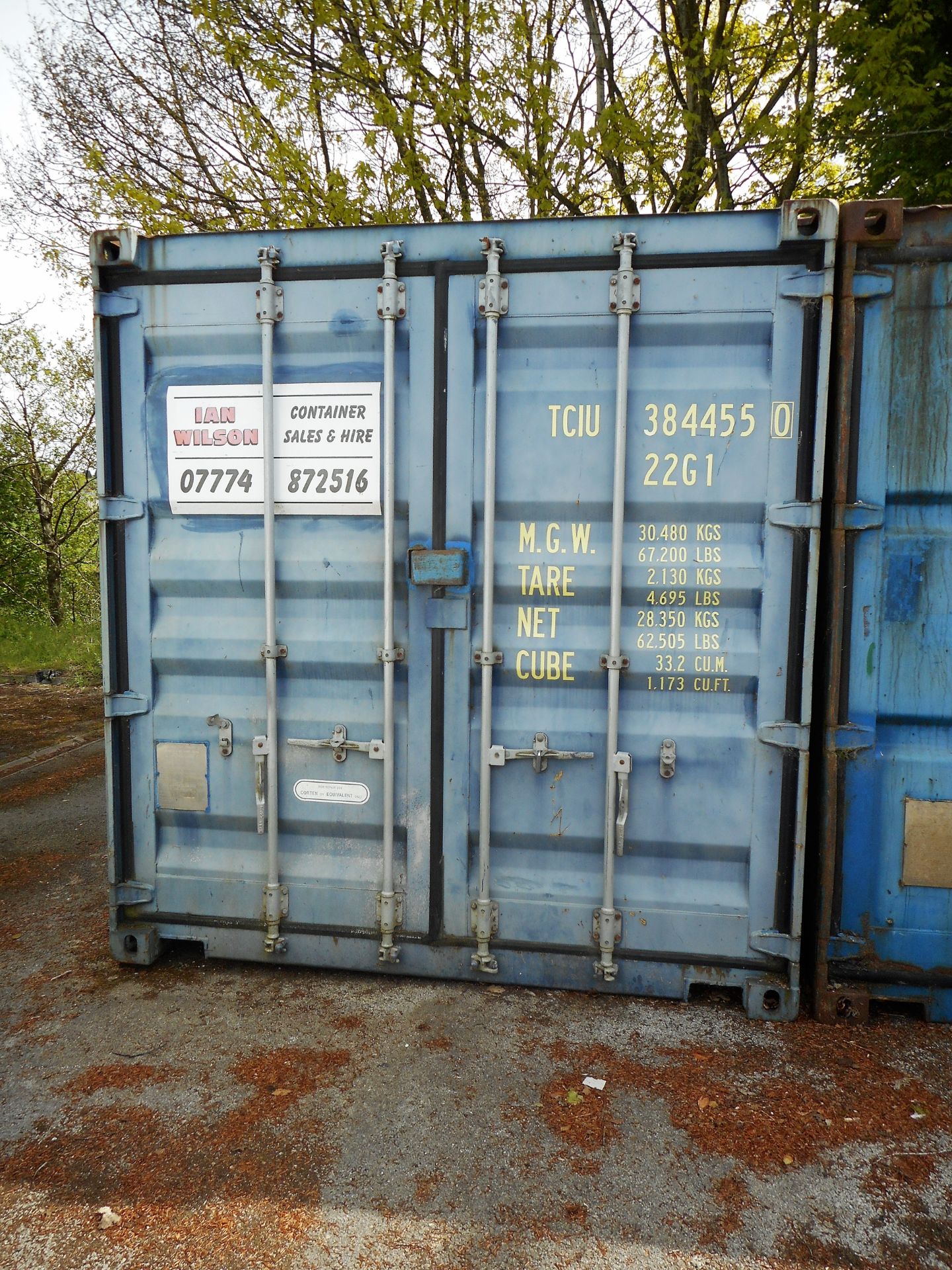Steel 20ft Shipping Container, MGW 30,480kg, Tare 2,130kg, Net 28,350kg, Cube, 33.2 cu.m, Date of