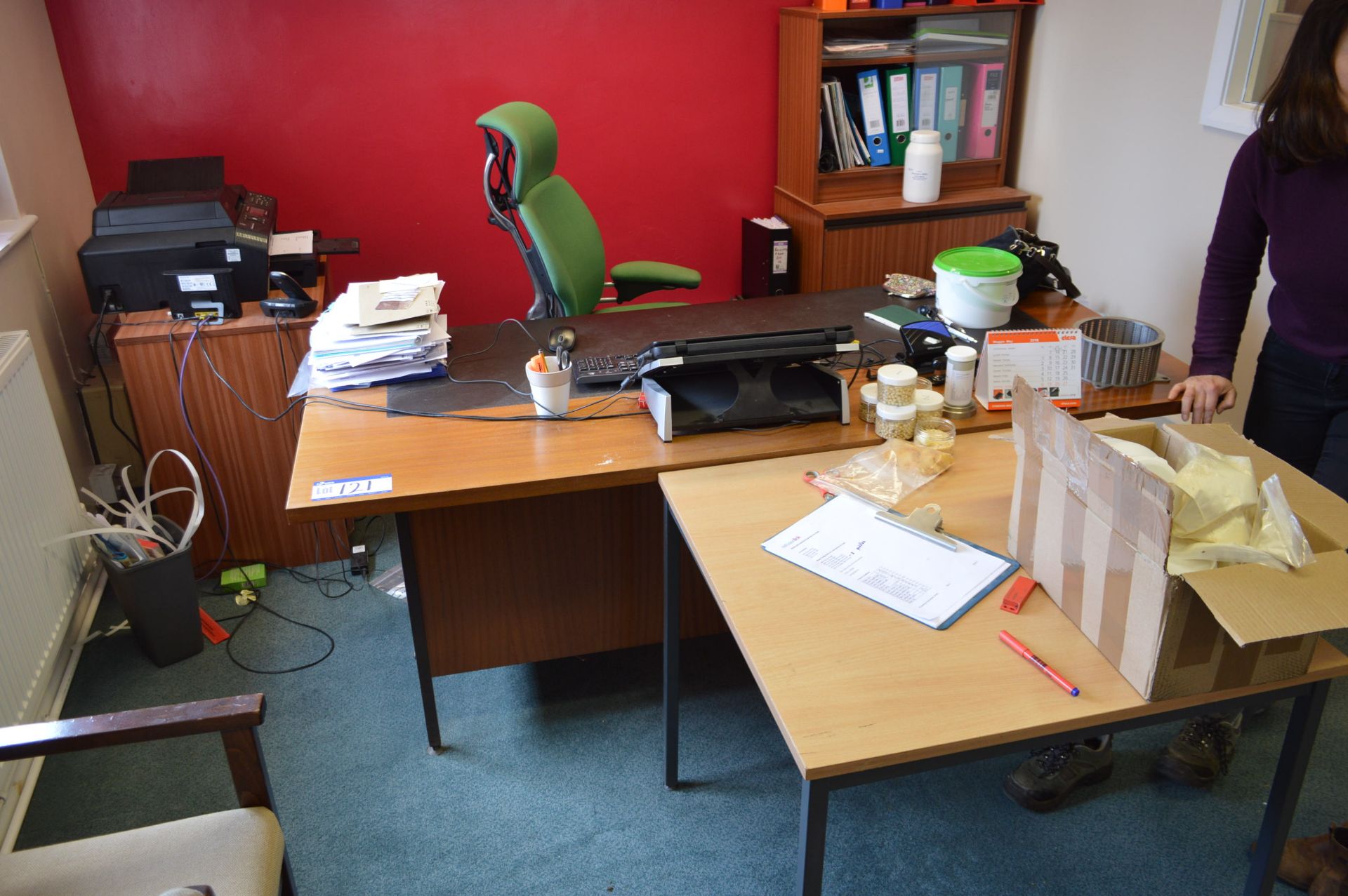 Double Pedestal Wood Desk, Side Table, Double Door Wood Cabinet & Glazed Cupboard