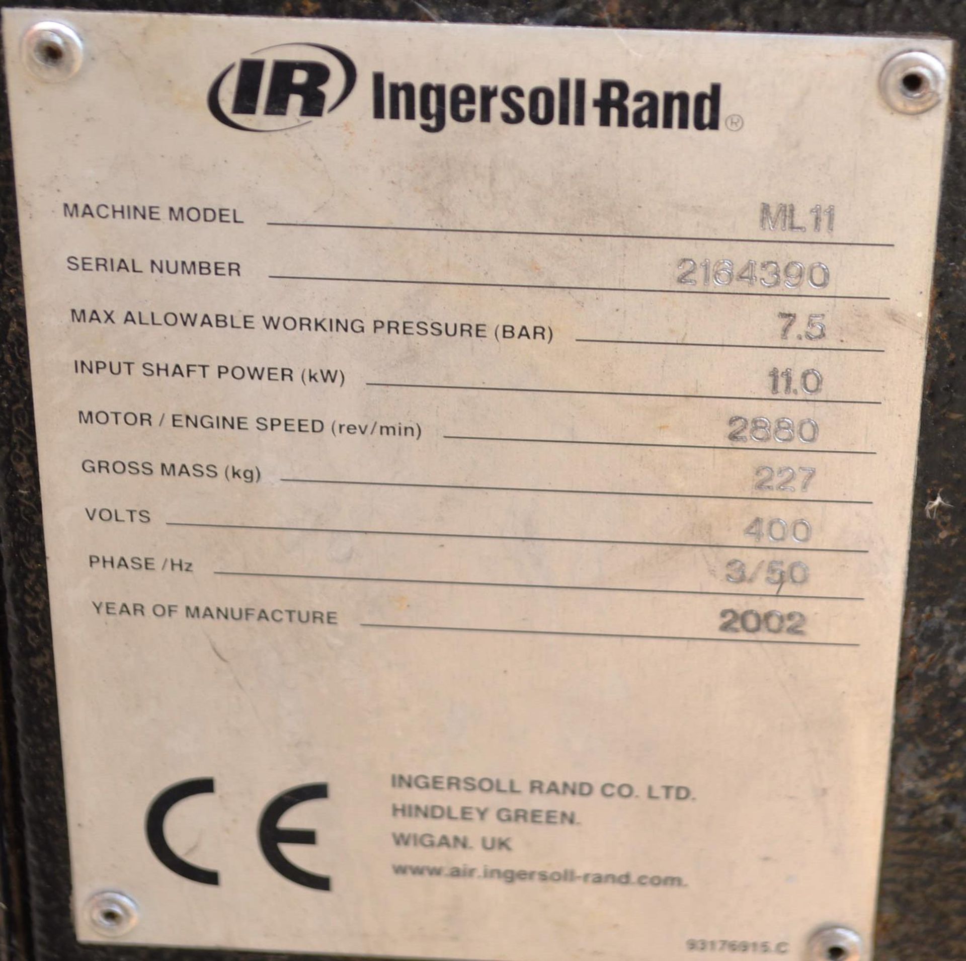 Ingersoll Rand ML11 Package Air Compressor, serial - Image 3 of 3