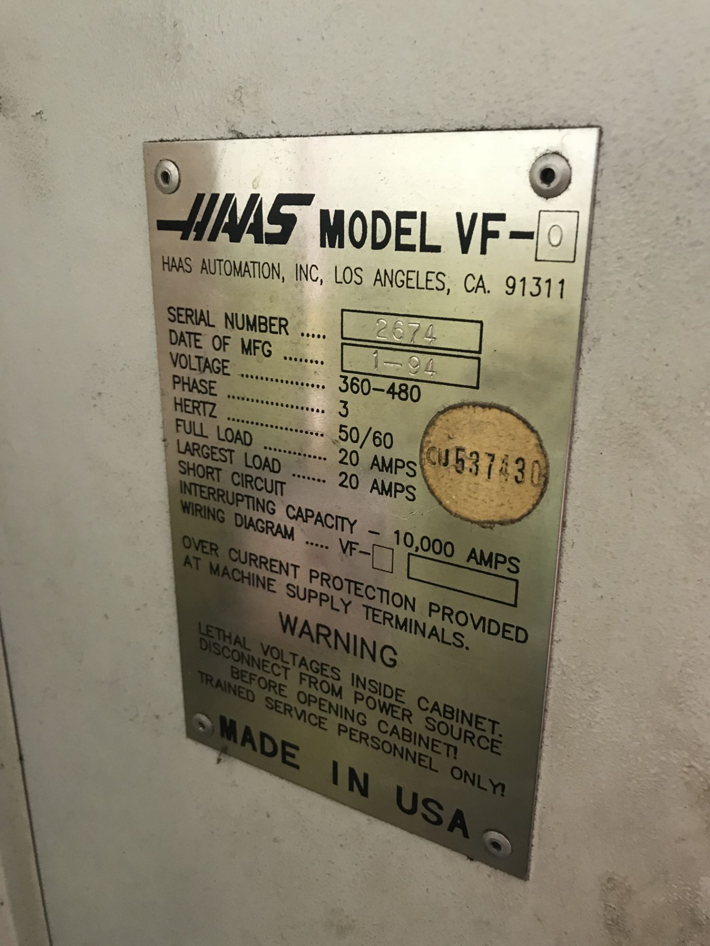 Haas Model VF-0 3-Axis Vertical Machining Centre, - Image 5 of 5