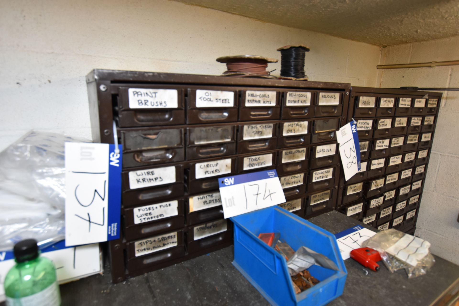 25 Drawer Chest and Contents including Taps, Wire