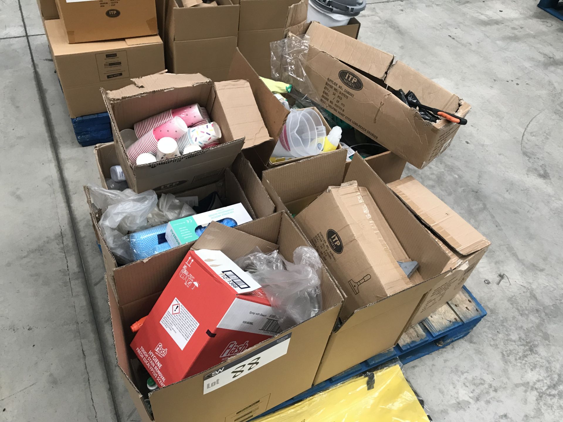 Pallet containing various Cleaning Products and Ac