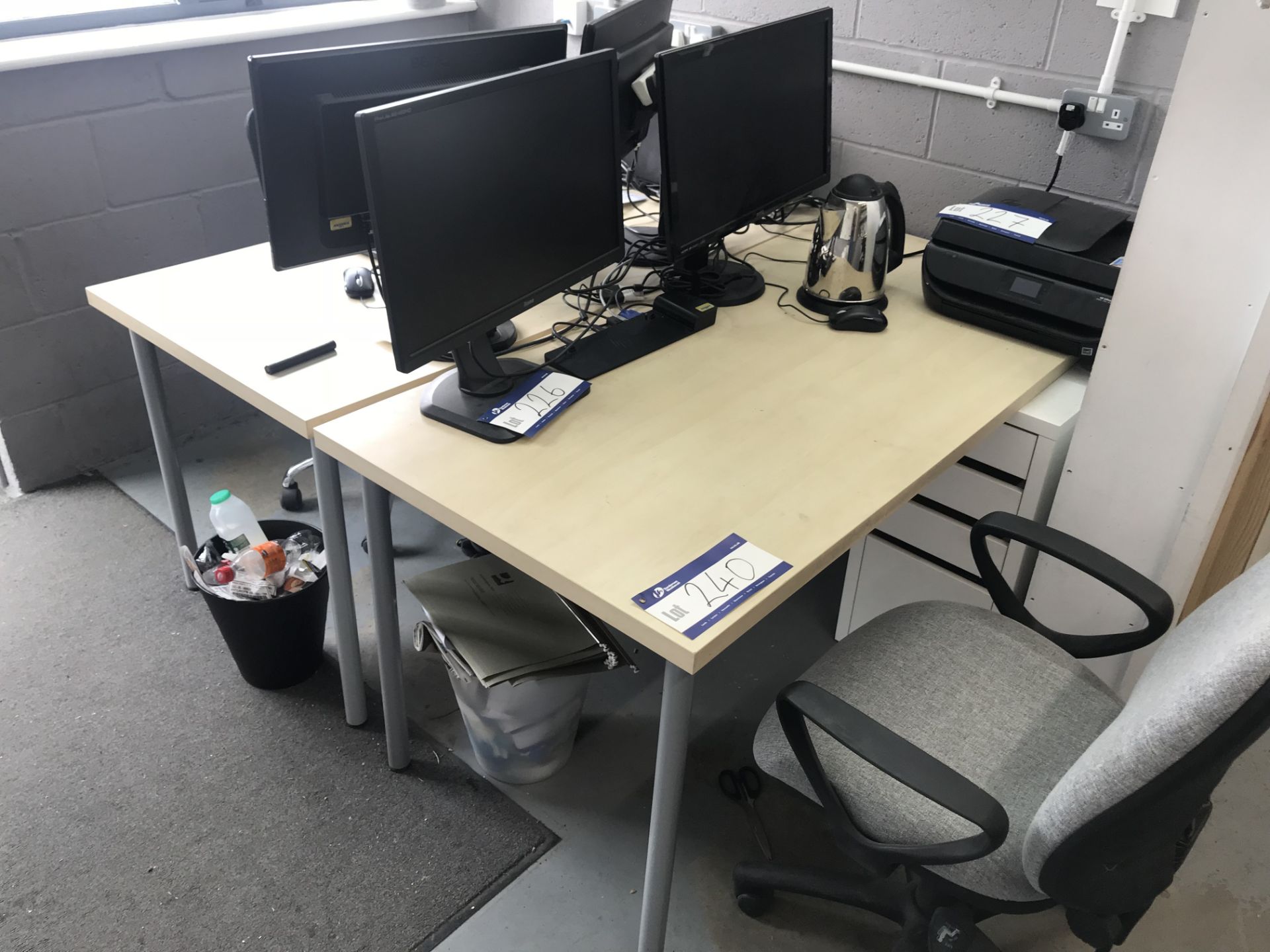 Two x Light Oak Veneered Desks, White Oak Veneered Drawer Unit & Two Typists Chairs