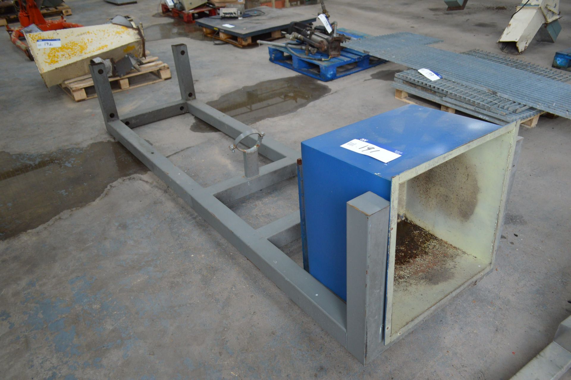 Welded Steel Hopper, with steel stand. Item locate