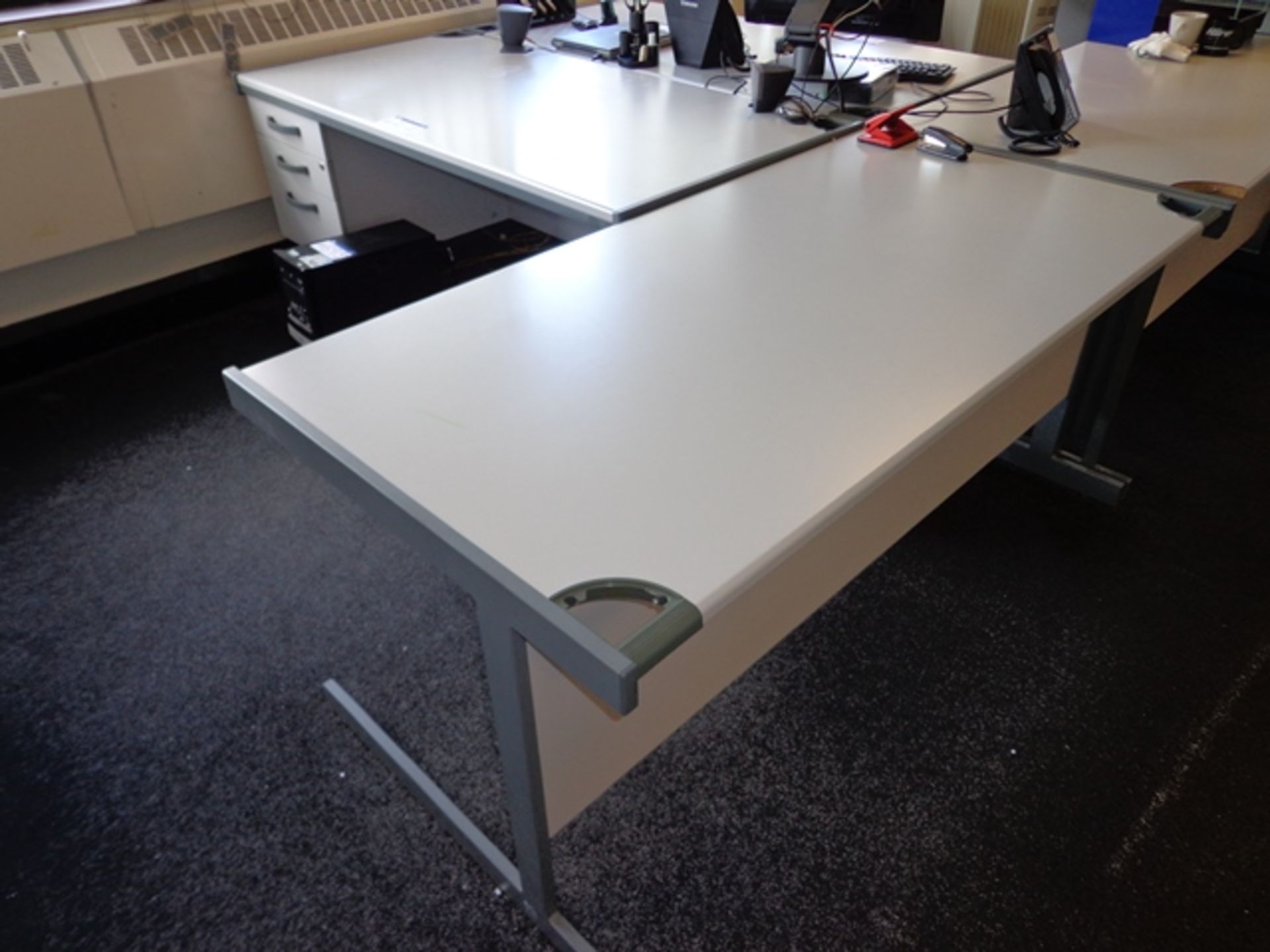 One Grey Melamine Single Pedestal Desk and One Grey Melamine Desk