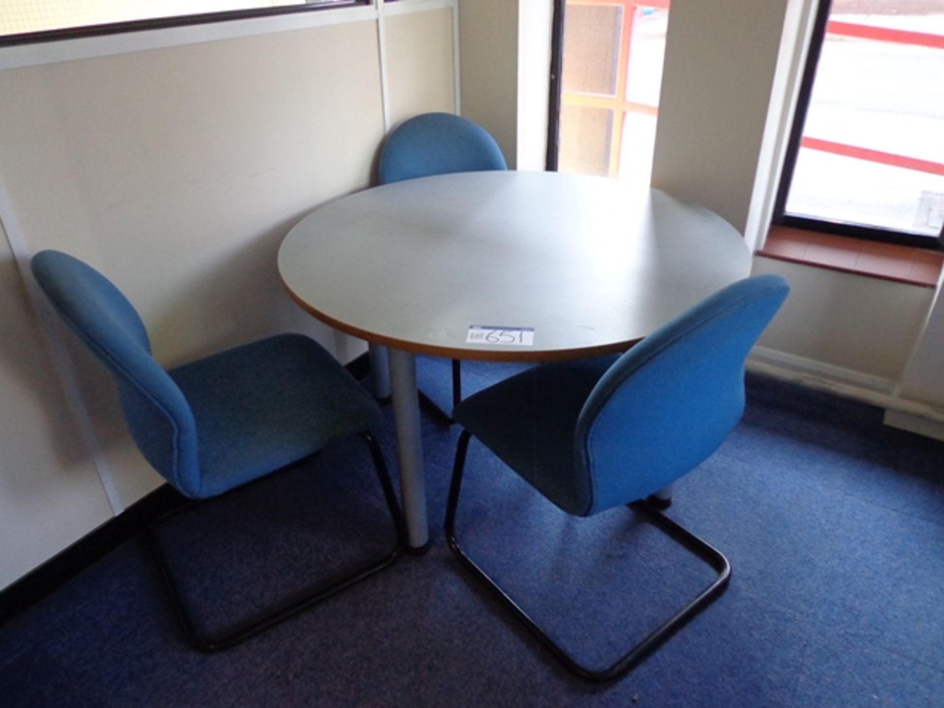 Small Round Meeting Table and 3 Blue Upholstered Chairs